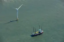 Wind turbine installation vessel at Scroby Sands Wind Farm, Norfolk, 2021. Creator: Damian Grady