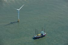 Wind turbine installation vessel at Scroby Sands Wind Farm, Norfolk, 2021. Creator: Damian Grady