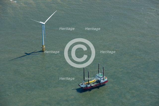 Wind turbine installation vessel at Scroby Sands Wind Farm, Norfolk, 2021. Creator: Damian Grady.