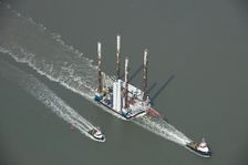 Wind farm construction vessel en route to a construction site, Harwich Harbour, Suffolk, c2010s(?). Artist: Damian Grady