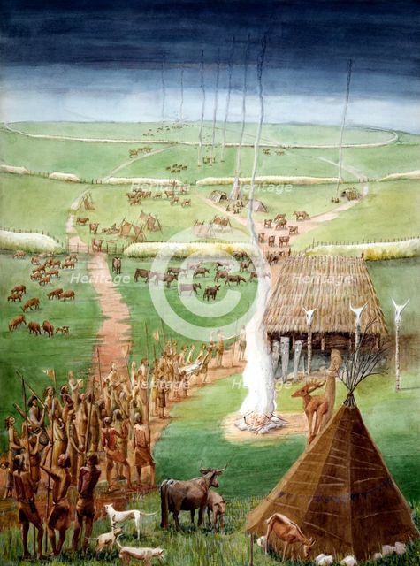 Windmill Hill, Avebury, Wiltshire, in Neolithic times. Artist: Judith Dobie.