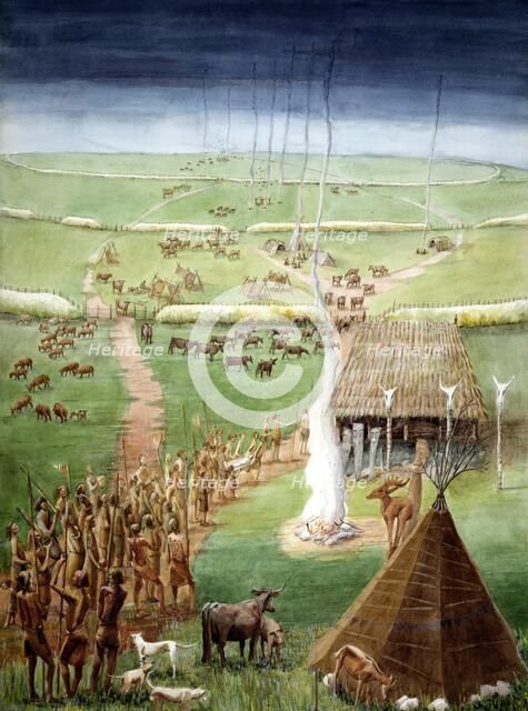 Windmill Hill, Avebury, Wiltshire, in Neolithic times. Artist: Judith Dobie.