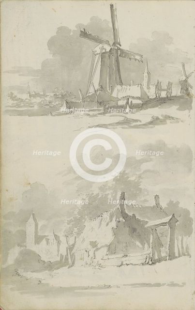 Windmill in a landscape and a village view, c.1780-c.1800. Creator: Bernhard Heinrich Thier.