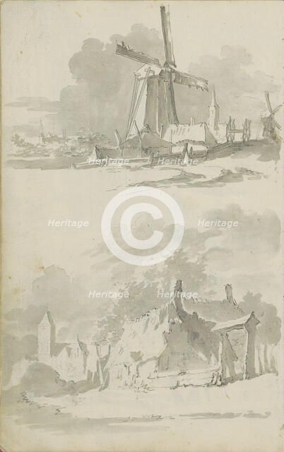 Windmill in a landscape and a village view, c.1780-c.1800. Creator: Bernhard Heinrich Thier.