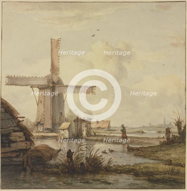 Windmill in front of a town with a tall tower, a woman walking on a cane..., 18th century. Creator: Jan Hulswit.