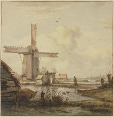 Windmill in front of a town with a tall tower, a woman walking on a cane..., 18th century. Creator: Jan Hulswit