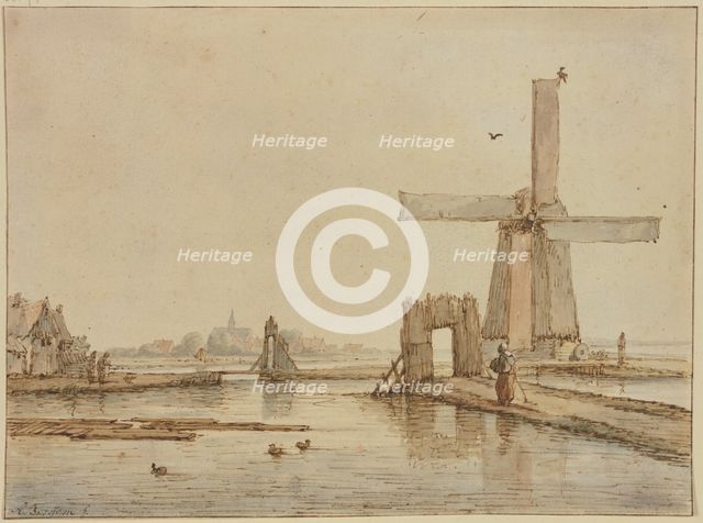 Windmill on a narrow causeway, three ducks in the foreground, 17th century. Creator: Anthonie van Borssom.