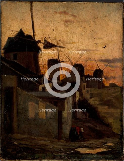 Windmills in Montmartre, current 18th arrondissement, c1845 — 1855. Creator: Andre Prevost.