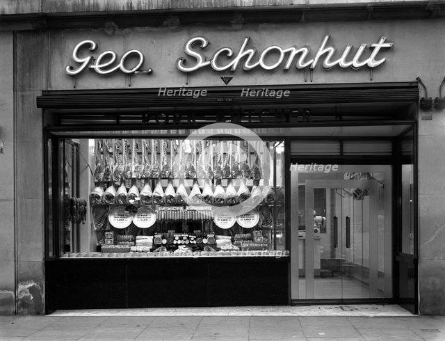 Window of George Schonhut's butcher's shop, Barnsley, South Yorkshire, 1955. Creator: Michael Walters.