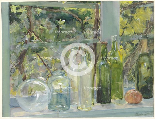 Windowsill with Bottles, a Glass Globe and an Apple, c.1892. Creator: Menso Kamerlingh Onnes.
