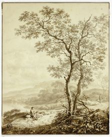 Winding Road Beside Lake, with Large Tree and Resting Traveler in Foreground, n.d. Creator: William Marshall Craig