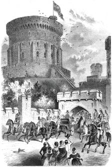 Windsor Castle in 1844 - Queen Victoria and Prince Albert leaving the Castle for London. Creator: Unknown