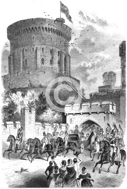 Windsor Castle in 1844 - Queen Victoria and Prince Albert leaving the Castle for London. Creator: Unknown.