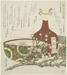 Wine bottle, bowl, and plum branch, from the series "Two Famous Products from Bizen..., c. 1823. Creator: Gakutei