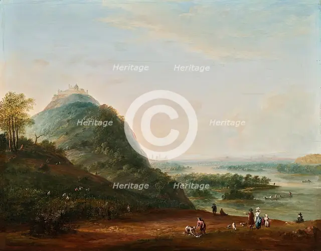 Wine harvest in front of Vienna with a view of Klosterneuburg, the Leopoldsberg, Bisamberg..., 1779. Creator: Josef Heideloff.
