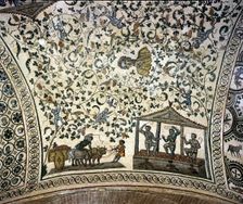 Wine harvest scene and bust of the Emperor Constantine, Mosaic c. 350 AD