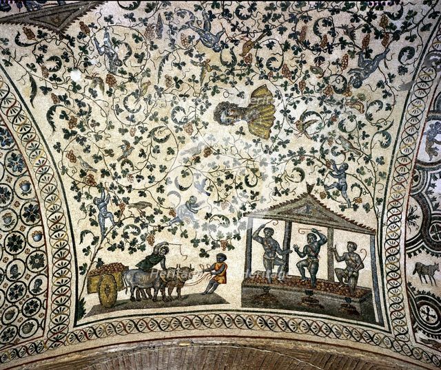 Wine harvest scene and bust of the Emperor Constantine, Mosaic c. 350 AD.