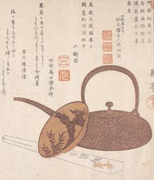 Wine Pot, Wine Cup and Folded Fan, 19th century. Creator: Gakutei