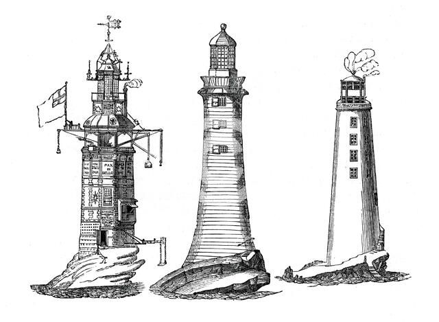 Winstanley, Smeaton and Rudyerd lighthouses, (1833). Artist: Unknown