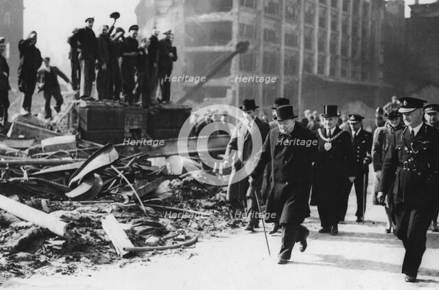 Winston Churchill (1874-1965) in Manchester following a bombing raid, 1945. Artist: Unknown
