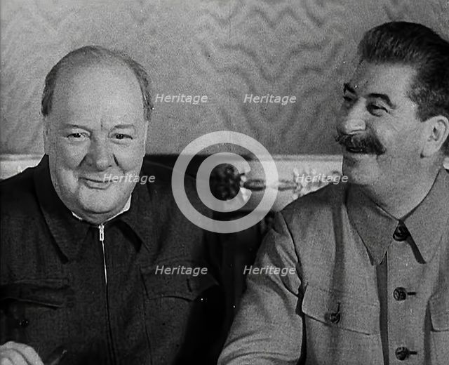 Winston Churchill and Joseph Stalin at a Meeting, 1942. Creator: British Pathe Ltd.