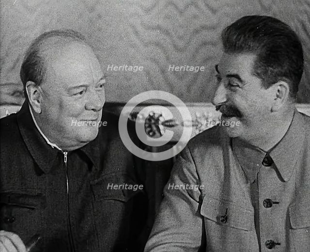 Winston Churchill and Joseph Stalin at a Meeting, 1942. Creator: British Pathe Ltd.