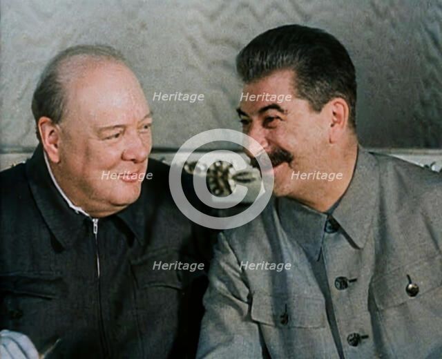 Winston Churchill and Joseph Stalin at a Meeting, 1942. Creator: British Pathe Ltd.