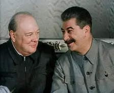 Winston Churchill and Joseph Stalin at a Meeting, 1942. Creator: British Pathe Ltd