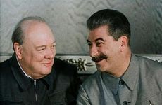 Winston Churchill and Joseph Stalin at a Meeting, 1942. Creator: British Pathe Ltd.