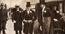 Winston Churchill arriving at the doors of St Margaret's, Westminster, on his wedding day, 1908. Creator: Unknown