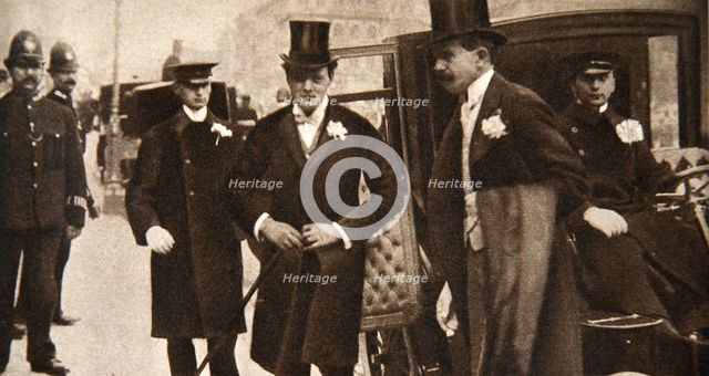 Winston Churchill arriving at the doors of St Margaret's, Westminster, on his wedding day, 1908. Creator: Unknown.