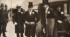 Winston Churchill arriving at the doors of St Margaret's, Westminster, on his wedding day, 1908. Creator: Unknown