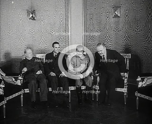 Winston Churchill, Joseph Stalin, W. Averell Harriman and Vyacheslav Molotov at a Meeting, 1942. Creator: British Pathe Ltd.