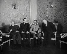 Winston Churchill, Joseph Stalin, W. Averell Harriman and Vyacheslav Molotov at a Meeting, 1942. Creator: British Pathe Ltd