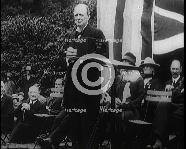 Winston Churchill Making a Speech from a Platform Infront of a Small Crowd, 1924. Creator: British Pathe Ltd.