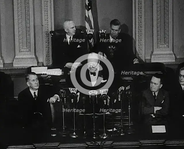 Winston Churchill, the British Prime Minister Addressing the United States Congress, 1942. Creator: British Pathe Ltd.