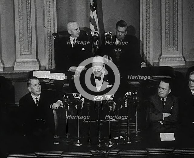 Winston Churchill, the British Prime Minister Addressing the United States Congress, 1942. Creator: British Pathe Ltd.