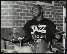 Winston Clifford on drums at The Fairway, Welwyn Garden City, Hertfordshire, 18 February 2001. Creator: Denis Williams