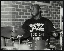 Winston Clifford on drums at The Fairway, Welwyn Garden City, Hertfordshire, 18 February 2001. Creator: Denis Williams