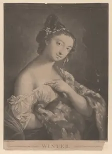 Winter: a woman holding a spotted fur mantle, 1775. Creator: Richard Houston
