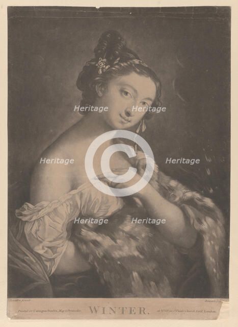 Winter: a woman holding a spotted fur mantle, 1775. Creator: Richard Houston.