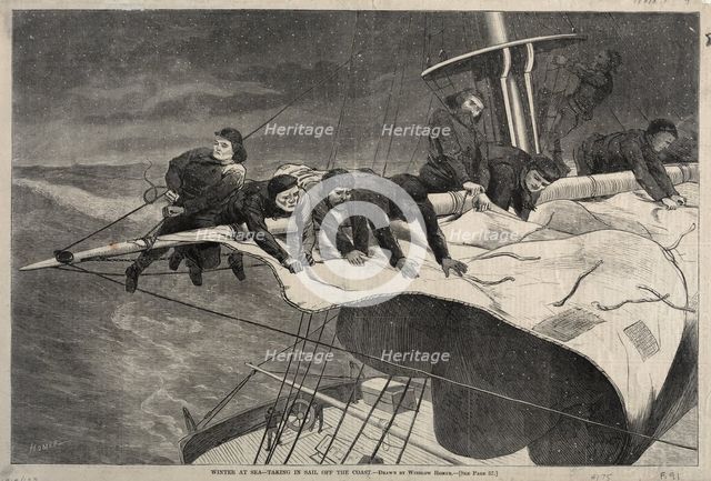 Winter at Sea - Taking in Sail Off the Coast, 1869. Creator: Winslow Homer (American, 1836-1910).