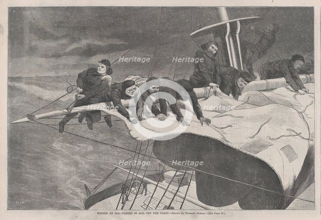 Winter at Sea - Taking in Sail off the Coast (Harper's Weekly, Vol. VIII), January 16, 1869. Creator: Unknown.