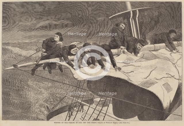 Winter at Sea - Taking in Sail Off the Coast, published 1869. Creator: Winslow Homer.