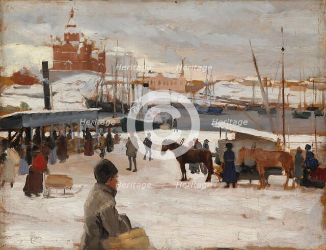 Winter Day at Helsinki Market Square, Study; Sketch for Winter Day at The Market Place..., 1889. Creator: Albert Edelfelt.