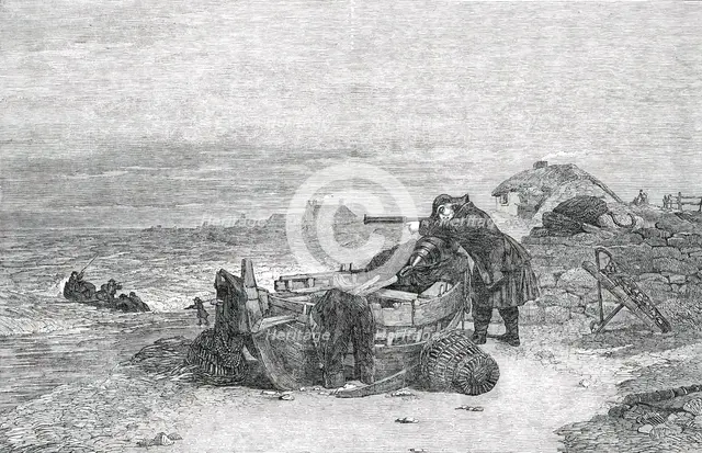 Winter Exhibition of Modern British Art - Pilot Boat Going Out - painted by E. Duncan, 1850. Creator: Unknown.