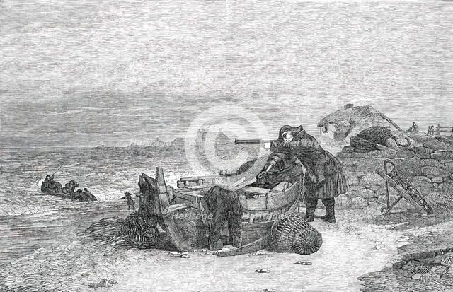 Winter Exhibition of Modern British Art - Pilot Boat Going Out - painted by E. Duncan, 1850. Creator: Unknown.