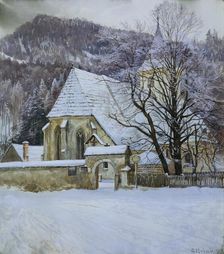 Winter in Rosenthal near Kapellen (Styria) with an old Gothic church, 1915. Creator: Georg Holub