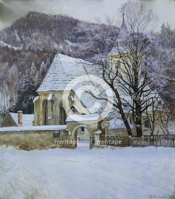 Winter in Rosenthal near Kapellen (Styria) with an old Gothic church, 1915. Creator: Georg Holub.