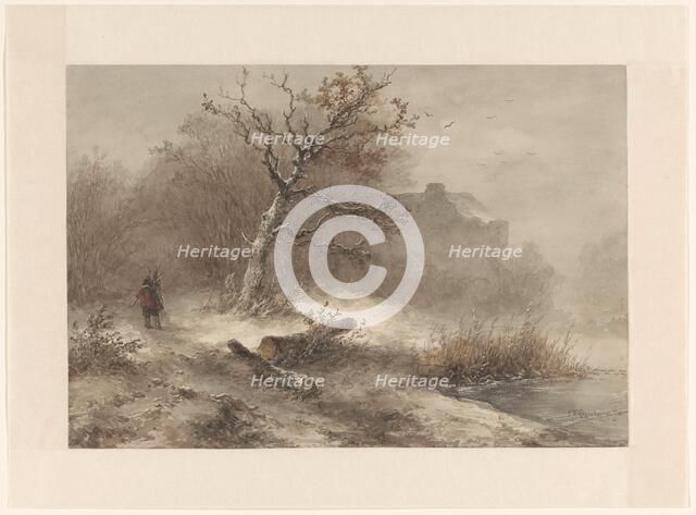 Winter landscape with man collecting firewood, 1850.  Creator: Johannes Franciscus Hoppenbrouwers.